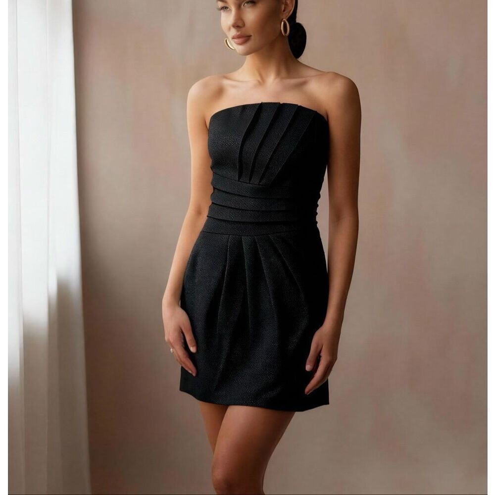 Ramy Brooks P Shimmery Black Fitted Strapless Mini Dress Gala Cocktail Luxury